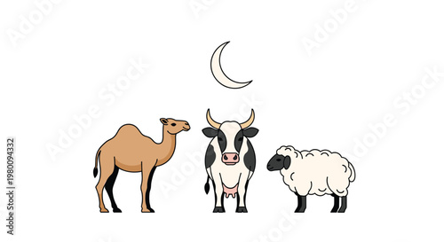 Camel, cow, and sheep standing in a row beneath a simple crescent moon icon representing a peaceful night scene with clean minimalist vector graphics.