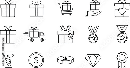 A professional vector illustration set of gift box icons for e-commerce shopping carts and retail store delivery signs featuring web symbols for business sales and internet buy bags