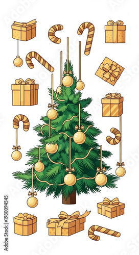 :
Playful Christmas holiday vector with decorated pine tree candy cane cookies and gift boxes bright festive composition isolated on white