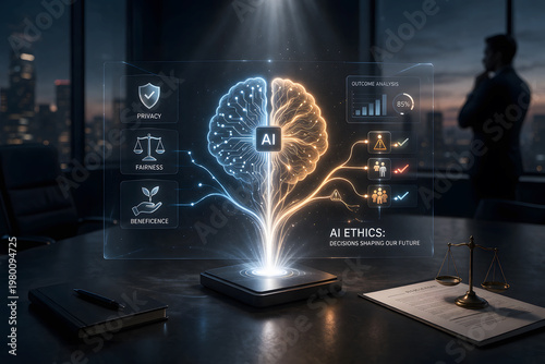 Futuristic AI Ethics Concept with Digital Brain Hologram in Modern Office
