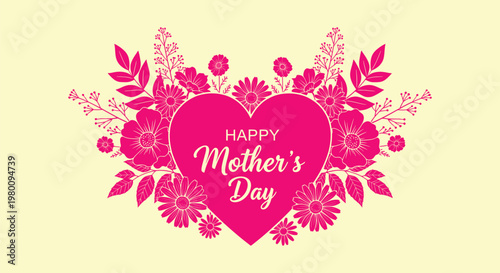 Happy Mother's Day Greeting Card Background with Pink Heart and Beautiful Floral Flower Silhouettes.