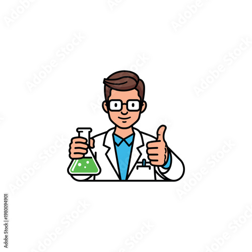 Smiling scientist in lab coat holding beaker.