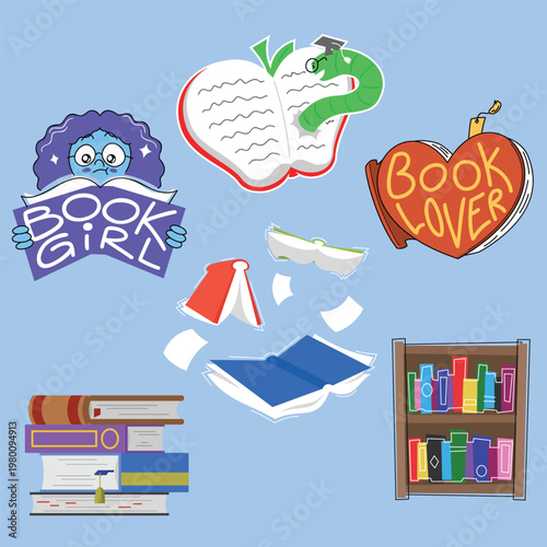 Cute fun book sticker set. Cartoon characters reading. Colorful literature icon collection. Book worm girl lover. Learning and literacy. Flat color vector illustration
