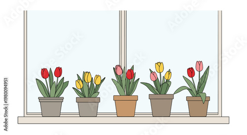Five vibrant potted tulips in various shades of red, yellow, and pink sit neatly on a wide window sill against a bright and clear glass pane background.