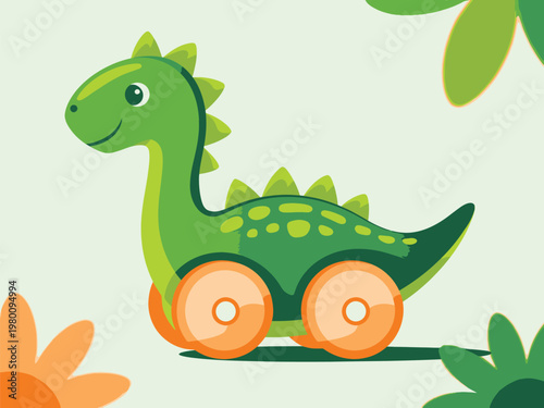 Cute cartoon dinosaur toy on wheels with baby toy wooden wheeled dinosaur children illustration playtime prehistoric creature friendly