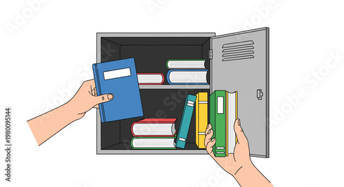 Two hands interact with an open grey metal locker as one places a blue book inside while another holds a green book in a bright and organized environment.