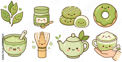 Clipart collection of kawaii-style matcha tea illustrations: smiling teapot, cup, whisk, doughnut, mochi, green tea leaves in a soft pastel green palette, vector, icons, no background