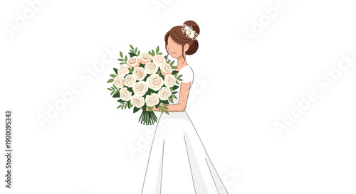 Beautiful bride dressed in a simple white gown holds a large, lush bouquet of cream-colored roses near her face in a serene and romantic wedding setting.