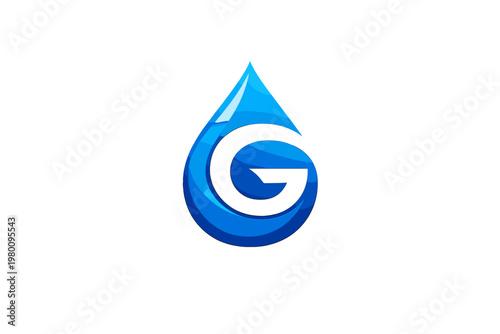Letter G Water Drop Logo Design Vector Symbol. Blue Glossy Water Droplet with Letter G Inside. Professional Branding Icon for Plumbing, Beverage, or Environmental Company. Modern 3D Style Icon.