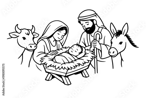 Line art vector illustration of the holy nativity scene featuring baby Jesus in a manger with Mary, Joseph, a cow and a donkey on a white background symbolizing the birth of Christ for Christmas