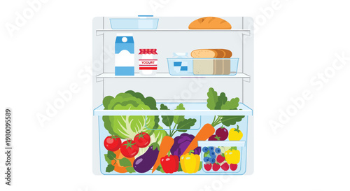 Organized refrigerator interior displays fresh vegetables, dairy products, and bread on clean shelves within a brightly lit and modern kitchen appliance unit.