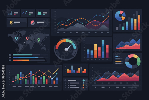 Modern Dark Dashboard UI Kit Featuring Analytics Widgets, Charts, Graphs, and KPI Cards for Business Data Visualization, Admin Panel Interface, Financial Statistics, and Infographic Reporting.