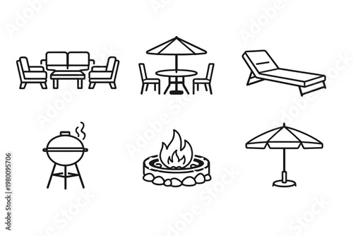 Set of Outdoor Furniture and Patio Icons in Outline Style Including Lounge Seating, Dining Table with Umbrella, Sunbed, BBQ Grill, and Fire Pit for Backyard, Garden, and Terrace Design Projects.
