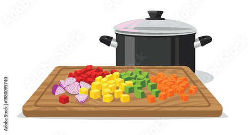 Black cooking pot stands behind a wooden cutting board featuring neatly diced red, yellow, green, and orange vegetables prepared for a healthy home meal.