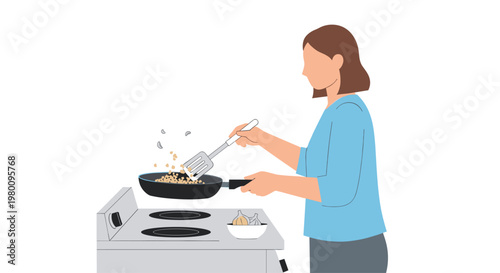 Woman stands at a stove using a spatula to stir ingredients in a frying pan while a small bowl of garlic sits nearby in a clean and modern home kitchen.