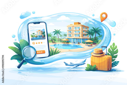 Modern Hotel Booking Promotion Design with Liquid Glass Display, Smartphone App for Online Reservation, Tropical Resort with Pool and Palm Trees, Travel Suitcase, Airplane and Magnifying Glass