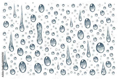 Realistic Vector Fresh Water Drops on Window Glass. Rain Drops Illustration on Transparent Background. Clear Liquid Droplets for Wet Surface Design, Condensation and Moisture Graphic Elements.