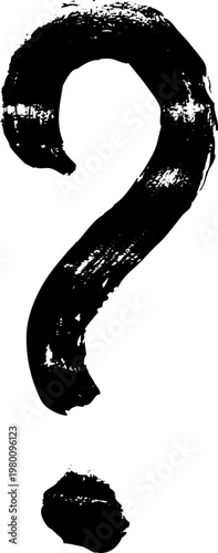 A black question mark drawn with a brush on a white background to indicate a question, seeking an answer, or uncertainty