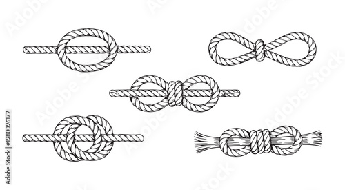 Sailor rope knots set with various maritime ties for decorative cordage and nautical design themes
