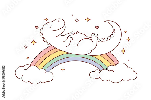 Cute Kawaii T-Rex Dinosaur Lying on a Pastel Rainbow with Clouds and Stars, Whimsical Line Art Vector Illustration for Kids Nursery Decor, Baby Tyrannosaurus Rex in a Dreamy Fantasy Sky Setting