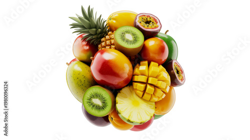 Assorted tropical fruits including mango, pineapple, kiwi, and passion fruit isolated on transparent background