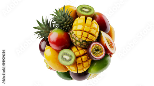 Tropical fruit sphere isolated on transparent background for summer juice packaging design