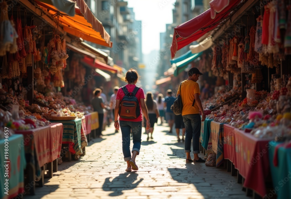 Fototapeta premium Vibrant City Break Exploration of Dynamic Street Markets Filled with Colorful Stalls and Local Crafts