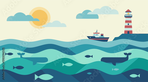 Vibrant flat design ocean scene with lighthouse, boat, whales, and fish