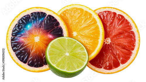 Sliced citrus fruits with creative galaxy texture isolated on transparent background for beverage design