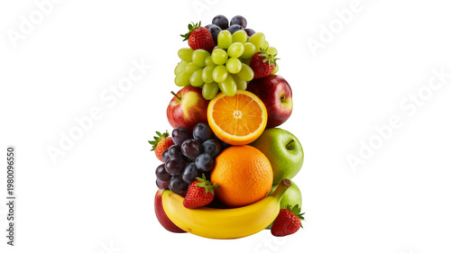 Fresh assorted fruits including banana, apple, orange, grapes, and strawberries isolated on transparent background