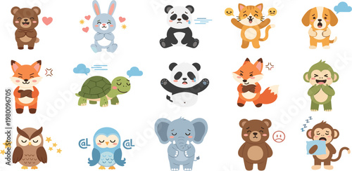 Cute Animal Emotions Illustration Set Featuring Happy Sad Angry Sleepy Expressions Cartoon Characters Collection