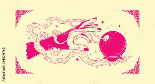 Mystical Hand with Crystal Ball and Magic Energy Swirls Pink Vector Illustration for Occult Decor