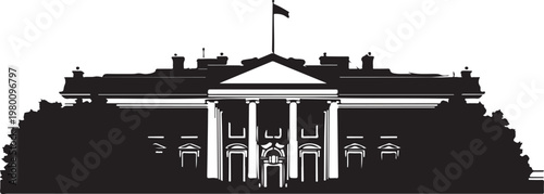 White House, iconic building, government architecture, black and white vector illustration