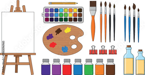 Artist painting tools collection with easel canvas brushes palette watercolor paints bottles and supplies vector illustration set
