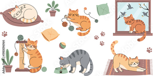 Cute Cat Daily Life Illustration Set Featuring Sleeping Playing Eating Grooming Indoor Pet Activities Cartoon Collection