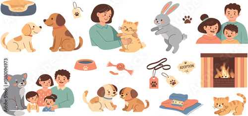 Cute Pet Adoption and Family Care Illustration Set Featuring Dogs Cats People Home Lifestyle Cartoon Collection