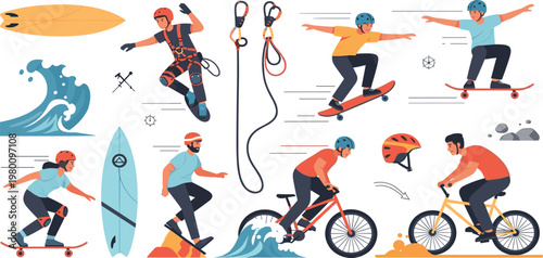 Extreme Sports Icon Set Featuring Surfing, Skateboarding, Biking, Rock Climbing, and Action-Filled Activities for Adventure Designs