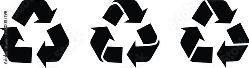 Recycling symbol icon set, featuring three arrows in a circle design signifies eco conservation and environmental reuse for nature on a black background. Vector illustration !