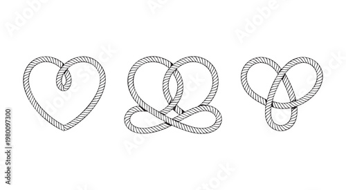 Rope heart knots vector set, abstract love symbols of twisted cord, decorative design elements