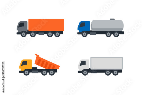 Flat Vector Truck Icons Collection Featuring Cargo Trailer, Fuel Tanker, Industrial Dump Truck, and Delivery Box Truck. Set of Heavy Vehicle Transport Symbols for Logistics, Shipping, and Industry.