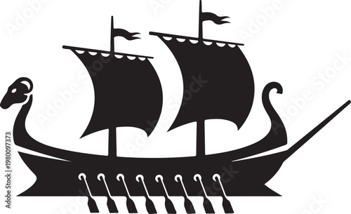 Viking ship, black silhouette, sailing vessel, ancient warship, vector icon