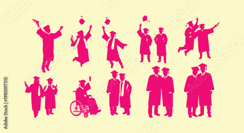 Group of Diverse Student Graduation Silhouettes Celebrating Academic Achievement and Success Vector