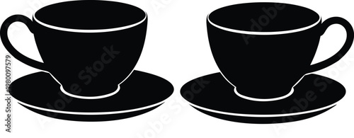 Two black silhouette coffee cups with saucers on white background