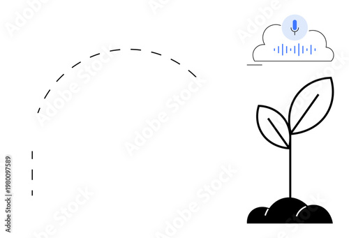 Voice recognition, technology integration, sustainability, innovation ideas, growth concepts, cloud computing. Outline of voice cloud and seed sprouting. Voice recognition and sustainability
