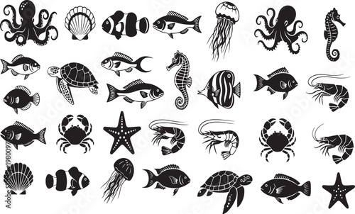 Oceanic Creatures: A monochrome ensemble of captivating marine life, ranging from the majestic octopus to the delicate seahorse, each silhouette a testament to the ocean's wondrous diversity.