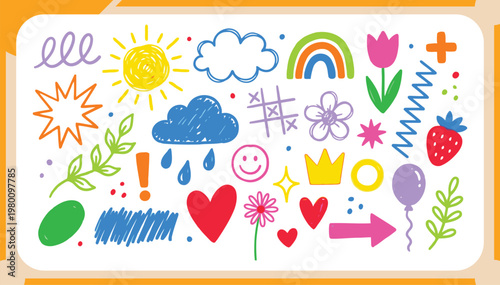 Collection of Colorful Childlike Doodles Featuring Hand Drawn Rainbows, Sun, Clouds, Flowers and Cute Heart Elements in Crayon Texture Vector Set