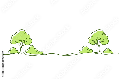 Minimalist Continuous Line Art Illustration of Green Trees and Bushes, Eco-Friendly Nature Landscape Design for Environmental Conservation, Sustainability, and Low Carbon City Concepts