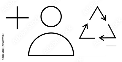 Sustainability, personal development, growth, recycling, user interface, eco-friendly practices. A minimal design showing a user icon, plus sign and recycling symbol. Sustainability and personal