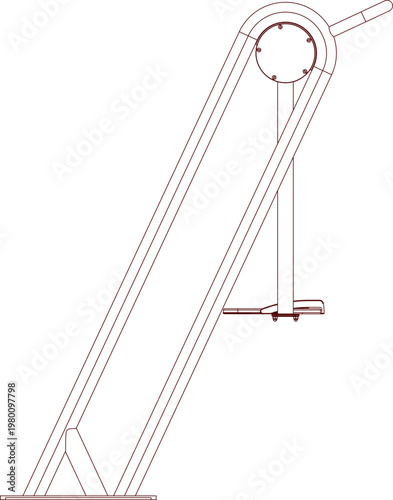 Technical drawing showing a side elevation of an inclined conveyor belt system with a top pulley mechanism and support legs in reddish-brown line art.