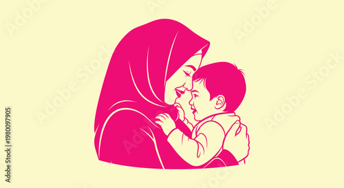 Vector Illustration of a Muslim Mother in Hijab Embracing Her Baby with Love and Maternal Care